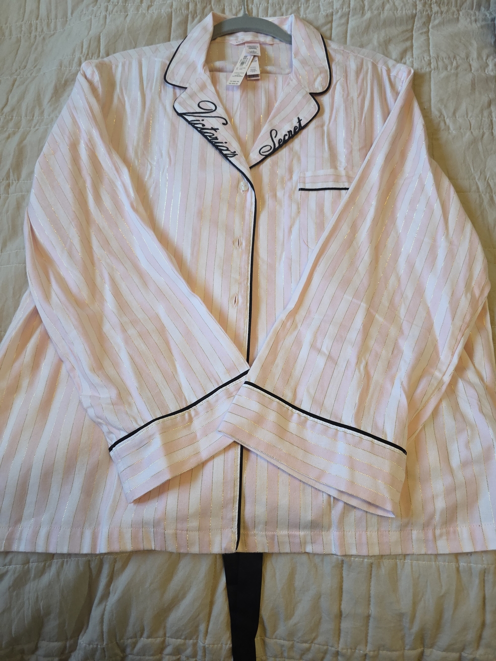 Victoria's Secret Pink and White Striped Satin Pajama Shirt with Black Trim